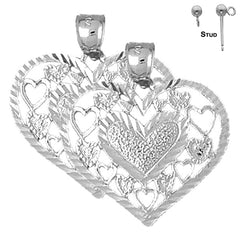 Pendientes de corazón de plata de ley de 29 mm (chapados en oro blanco o amarillo)