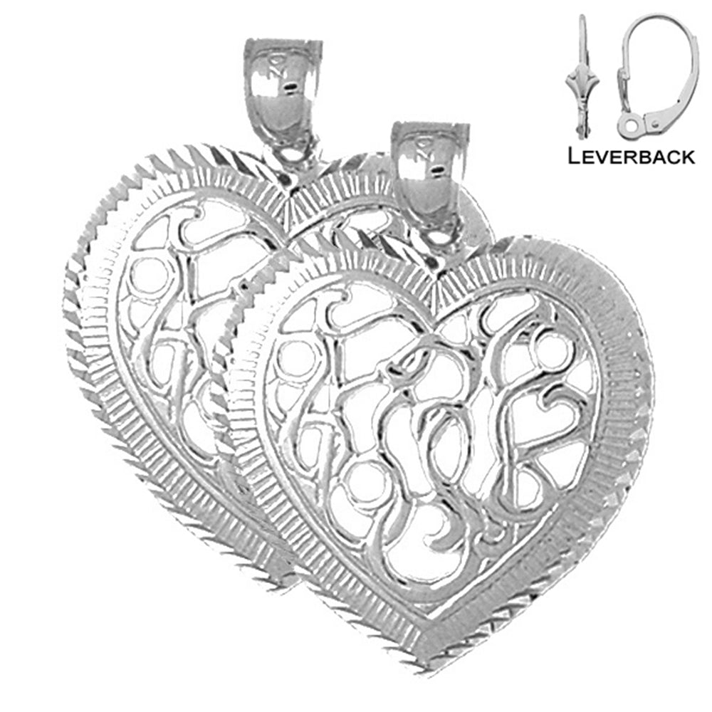 Pendientes de corazón de plata de ley de 32 mm (chapados en oro blanco o amarillo)