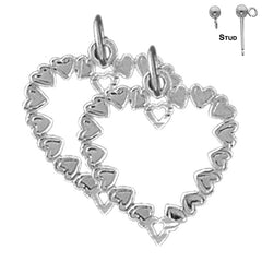 Pendientes de corazón de plata de ley de 20 mm (chapados en oro blanco o amarillo)