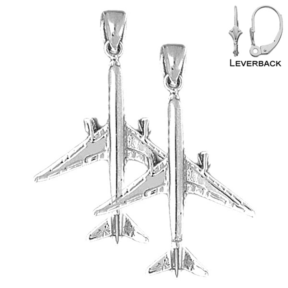 Sterling Silver 37mm 3D Airplane Earrings (White or Yellow Gold Plated)