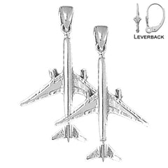 Sterling Silver 37mm 3D Airplane Earrings (White or Yellow Gold Plated)