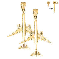 Sterling Silver 37mm 3D Airplane Earrings (White or Yellow Gold Plated)