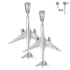 Sterling Silver 37mm 3D Airplane Earrings (White or Yellow Gold Plated)