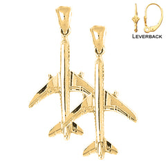 Sterling Silver 36mm 3D Airplane Earrings (White or Yellow Gold Plated)