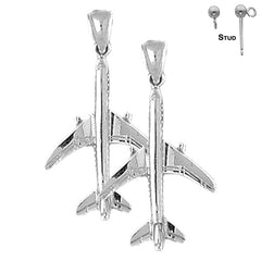 Sterling Silver 36mm 3D Airplane Earrings (White or Yellow Gold Plated)