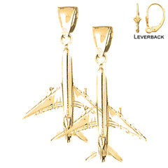 Sterling Silver 34mm 3D Airplane Earrings (White or Yellow Gold Plated)