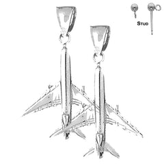 Sterling Silver 34mm 3D Airplane Earrings (White or Yellow Gold Plated)