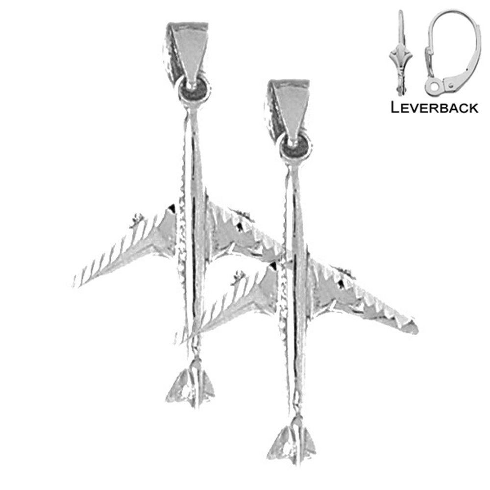 Sterling Silver 32mm 3D Airplane Earrings (White or Yellow Gold Plated)