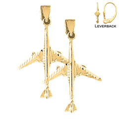 Sterling Silver 32mm 3D Airplane Earrings (White or Yellow Gold Plated)