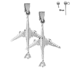 Sterling Silver 32mm 3D Airplane Earrings (White or Yellow Gold Plated)