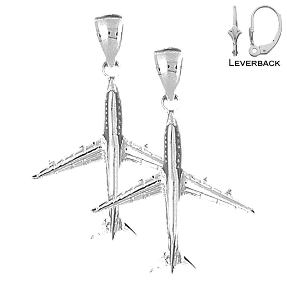 Sterling Silver 35mm 3D Airplane Earrings (White or Yellow Gold Plated)