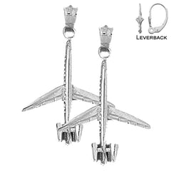 Sterling Silver 32mm 3D Airplane Earrings (White or Yellow Gold Plated)