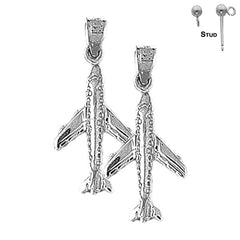 Sterling Silver 27mm 3D Airplane Earrings (White or Yellow Gold Plated)