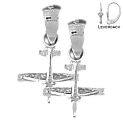 Sterling Silver 17mm 3D Airplane Earrings (White or Yellow Gold Plated)
