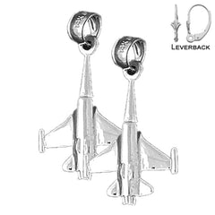 Sterling Silver 29mm 3D Airplane Earrings (White or Yellow Gold Plated)