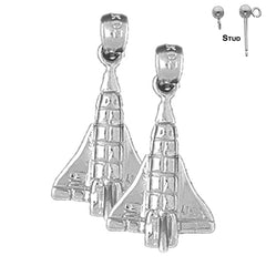 Sterling Silver 24mm Space Shuttle Earrings (White or Yellow Gold Plated)