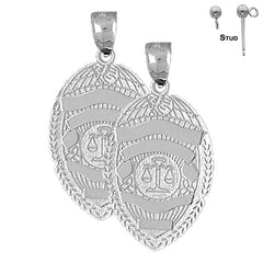 Sterling Silver 35mm Scales of Justice Badge Earrings (White or Yellow Gold Plated)