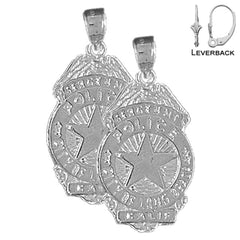Sterling Silver 28mm Long Beach Police Earrings (White or Yellow Gold Plated)
