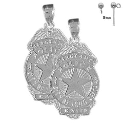 Sterling Silver 28mm Long Beach Police Earrings (White or Yellow Gold Plated)