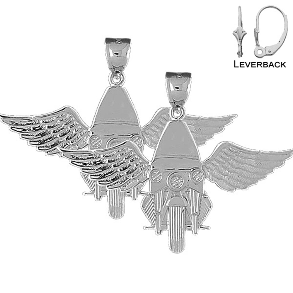 Sterling Silver 36mm Motorcycle Officer With Wings Earrings (White or Yellow Gold Plated)