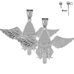 Sterling Silver 36mm Motorcycle Officer With Wings Earrings (White or Yellow Gold Plated)