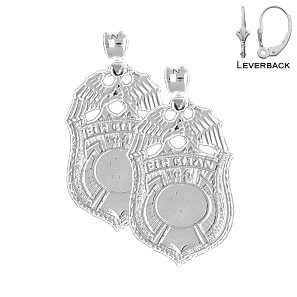 Sterling Silver 30mm Fireman Badge Earrings (White or Yellow Gold Plated)