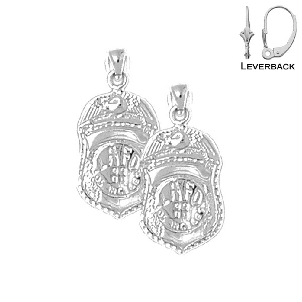 Sterling Silver 22mm Fire Department Badge Earrings (White or Yellow Gold Plated)