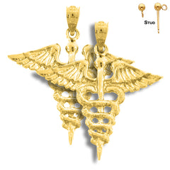 Sterling Silver 28mm Caduceus Earrings (White or Yellow Gold Plated)