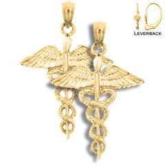 Sterling Silver 30mm Caduceus Earrings (White or Yellow Gold Plated)