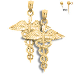 Sterling Silver 30mm Caduceus Earrings (White or Yellow Gold Plated)