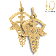 Sterling Silver 26mm Caduceus Earrings (White or Yellow Gold Plated)