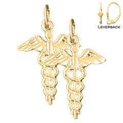 Sterling Silver 21mm Caduceus Earrings (White or Yellow Gold Plated)