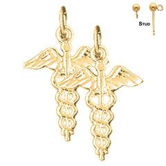 Sterling Silver 21mm Caduceus Earrings (White or Yellow Gold Plated)