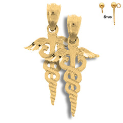 Sterling Silver 20mm Caduceus Earrings (White or Yellow Gold Plated)