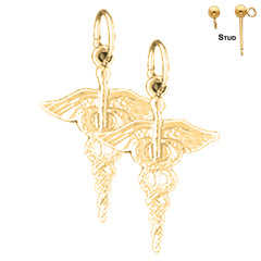 Sterling Silver 22mm Caduceus Earrings (White or Yellow Gold Plated)