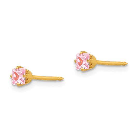 Inverness 14K Yellow Gold 3mm Square Pink CZ Post Earrings