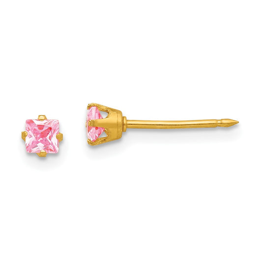 Inverness 14K Yellow Gold 3mm Square Pink CZ Post Earrings