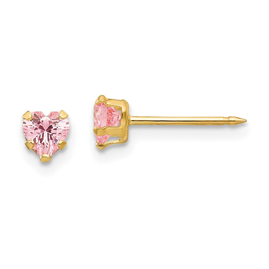 Inverness 14K Yellow Gold 4mm Pink Heart CZ Earrings