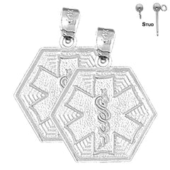 Sterling Silver 21mm Medical Alert Caduceus Earrings (White or Yellow Gold Plated)