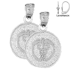 Sterling Silver 19mm Medical Alert Caduceus Earrings (White or Yellow Gold Plated)