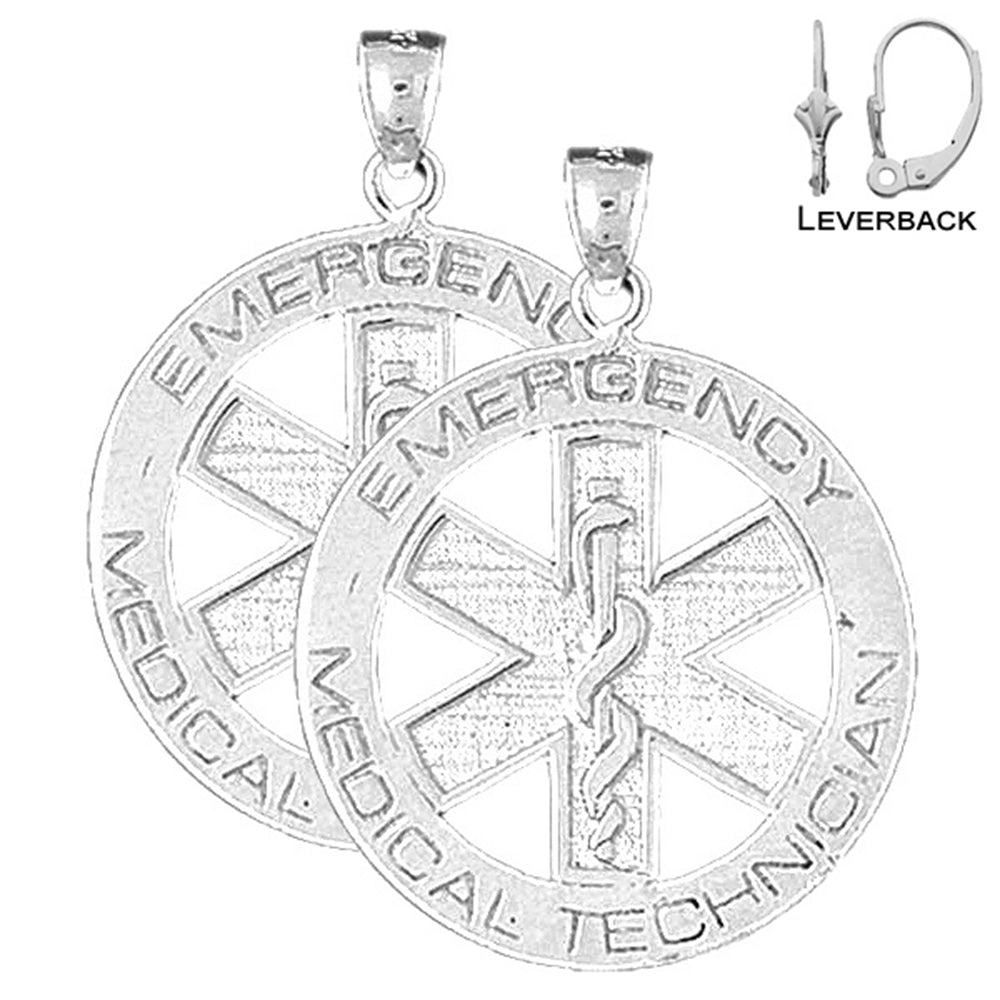 Pendientes de caduceo de alerta médica de plata de ley de 34 mm (chapados en oro blanco o amarillo)