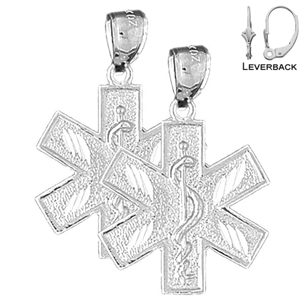 Sterling Silver 29mm Medical Alert Caduceus Earrings (White or Yellow Gold Plated)