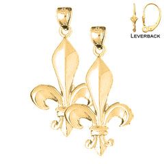 Sterling Silver 35mm Fleur de Lis Earrings (White or Yellow Gold Plated)