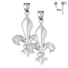 Sterling Silver 35mm Fleur de Lis Earrings (White or Yellow Gold Plated)