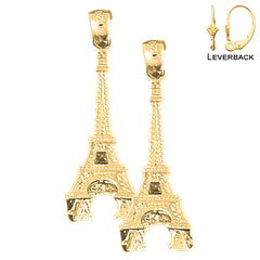 Sterling Silver 32mm 3D Eiffel Tower Earrings (White or Yellow Gold Plated)
