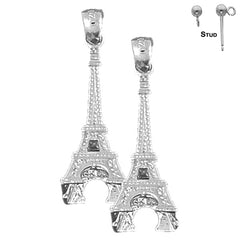 Sterling Silver 32mm 3D Eiffel Tower Earrings (White or Yellow Gold Plated)