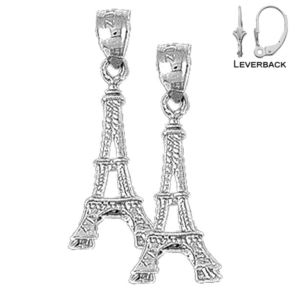 Pendientes de plata de ley con forma de Torre Eiffel 3D de 26 mm (chapados en oro blanco o amarillo)