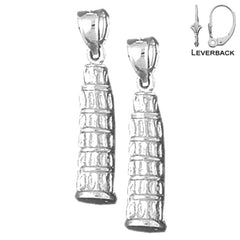 Sterling Silver 26mm 3D Leaning Tower Of Pisa Earrings (White or Yellow Gold Plated)