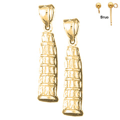 Sterling Silver 26mm 3D Leaning Tower Of Pisa Earrings (White or Yellow Gold Plated)