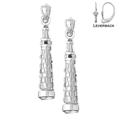 Sterling Silver 30mm 3D Leaning Tower Of Pisa Earrings (White or Yellow Gold Plated)